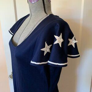 Vtg 1960s Navy Blue White Stars Flutter Sleeve Mini Dress Mod Sailor Nautical